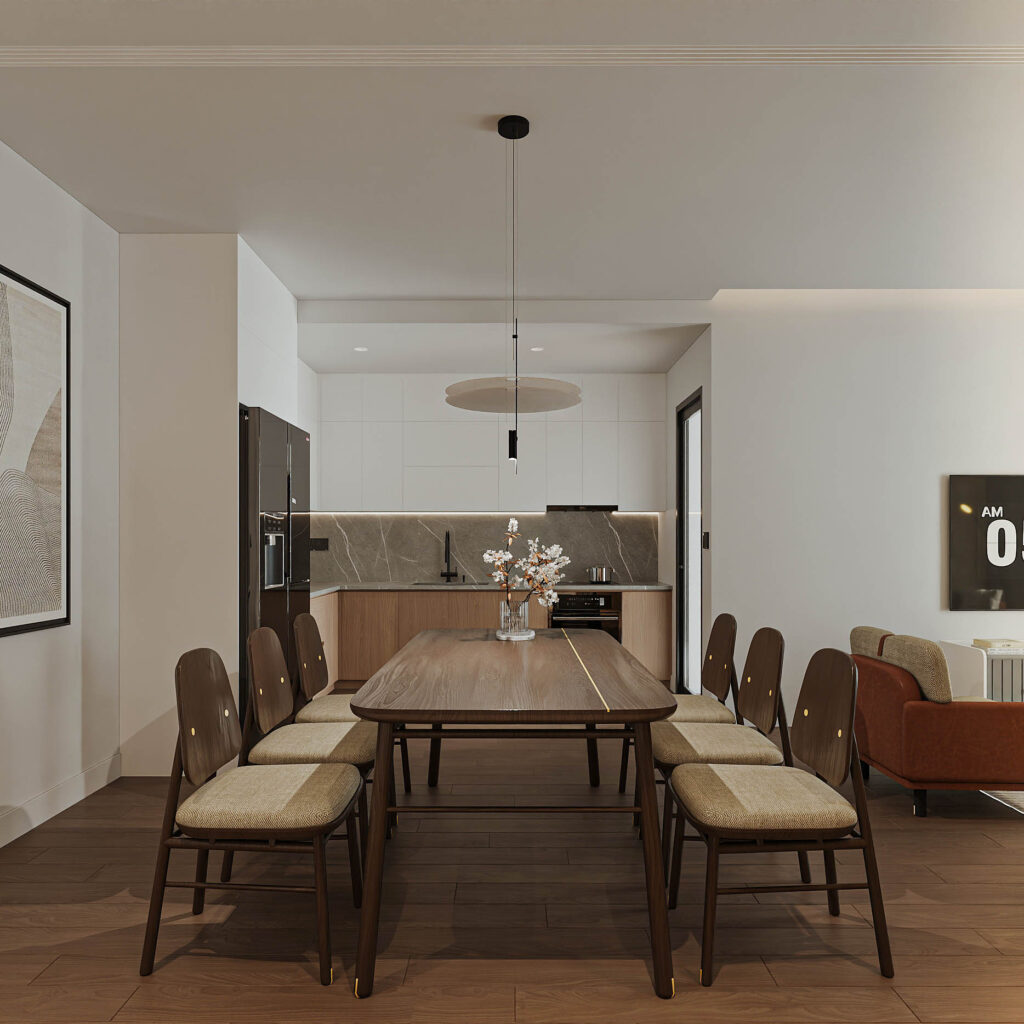 Không gian lý tưởng để bố trí bàn ăn Terra phong cách Bắc Âu gồm không gian có ít vách ngăn, ưu tiên ánh sáng tự nhiên, trần cao – đúng tinh thần thiết kế Bắc Âu