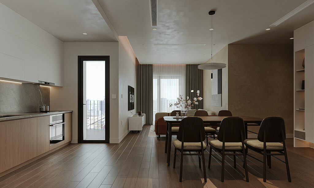 Không gian lý tưởng để bố trí bàn ăn Terra phong cách Bắc Âu gồm căn hộ 2 phòng ngủ có diện tích từ 65–90m², đặc biệt là các thiết kế mở