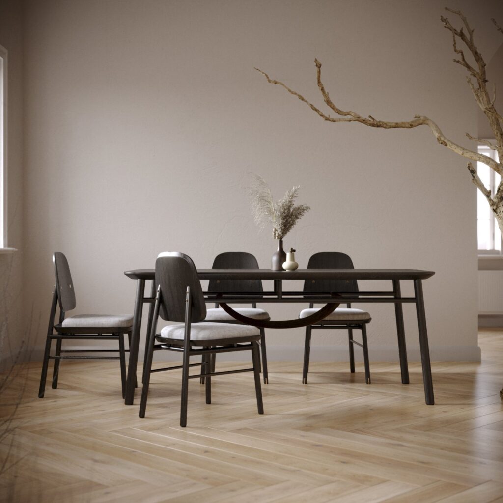 Không gian lý tưởng để bố trí bàn ăn Terra phong cách Bắc Âu gồm nhà phố hoặc căn hộ duplex có chiều dài nhà >6m, giúp dễ sắp xếp bàn dọc theo chiều dài mà không chắn lối đi