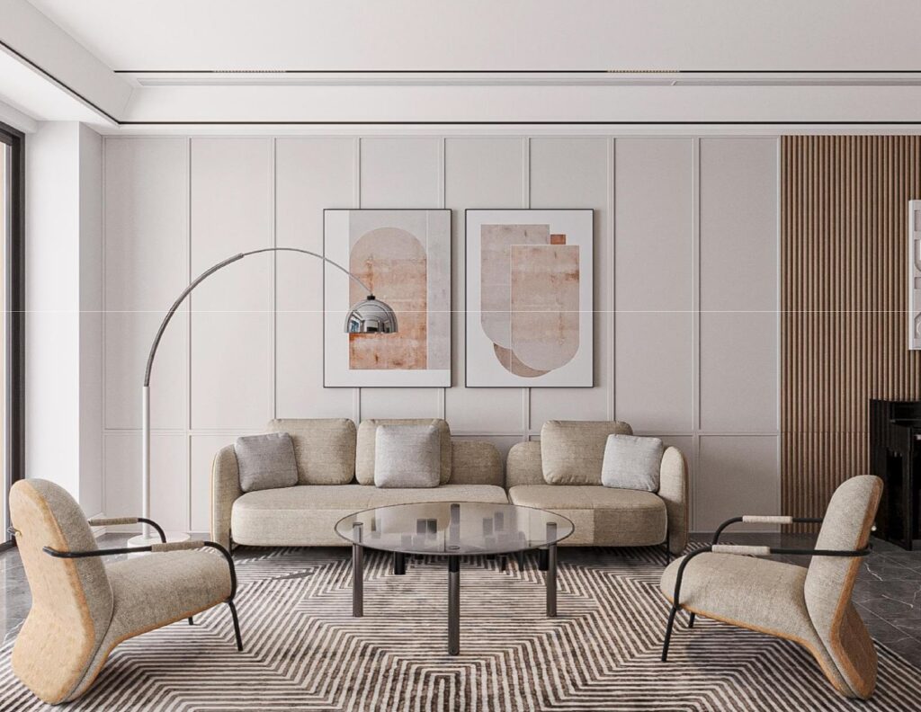 Sofa chữ I kết hợp hai armchair tạo bố cục tiếp khách cởi mở, khuyến khích sự tương tác và trò chuyện.
